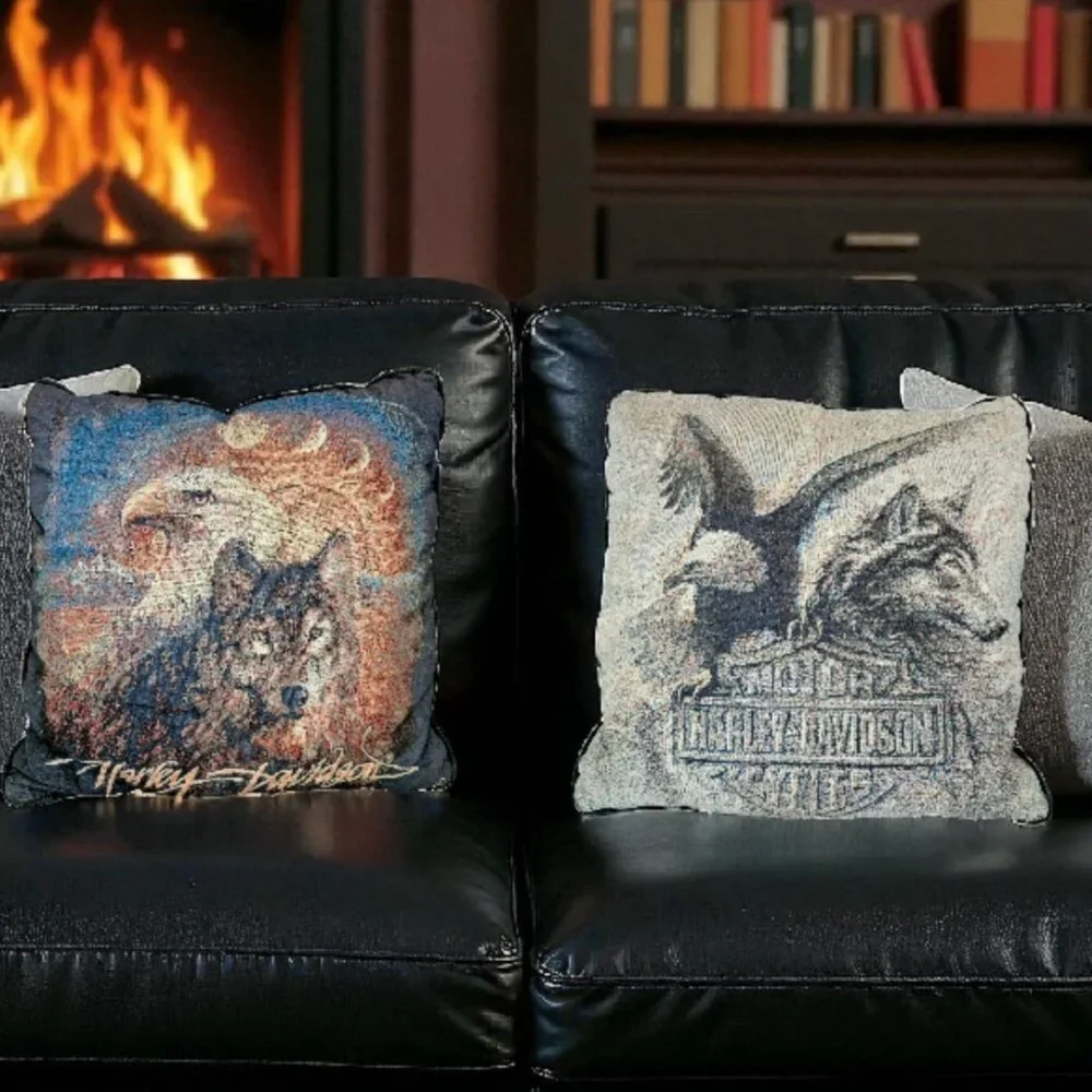 VTG‎ Y2K Harley Davidson Throw Pillows Needlepoint Wolf Bald Eagle 16